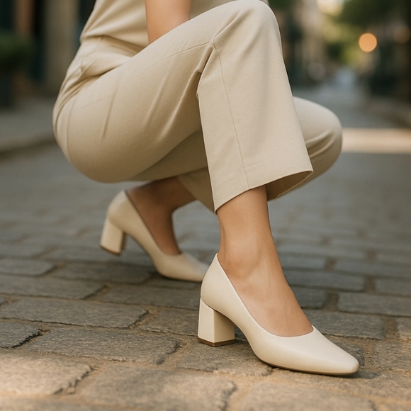 Sesto Meucci classic cashew milk leather block mid height heels  Italy sz 7 - Picture 1 of 11